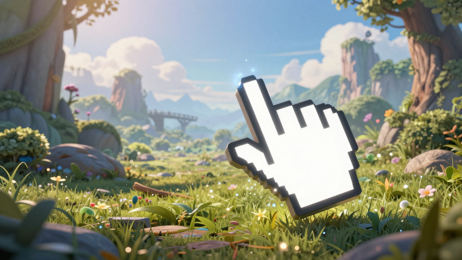 Glowing magical typing cursor creating a diverse fantasy landscape, representing smart prompt generation