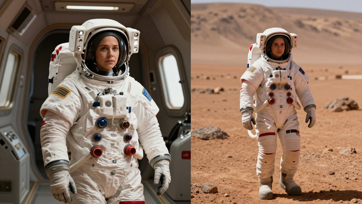 Split view showing the exact same female astronaut character in a spaceship and on Mars, demonstrating character consistency