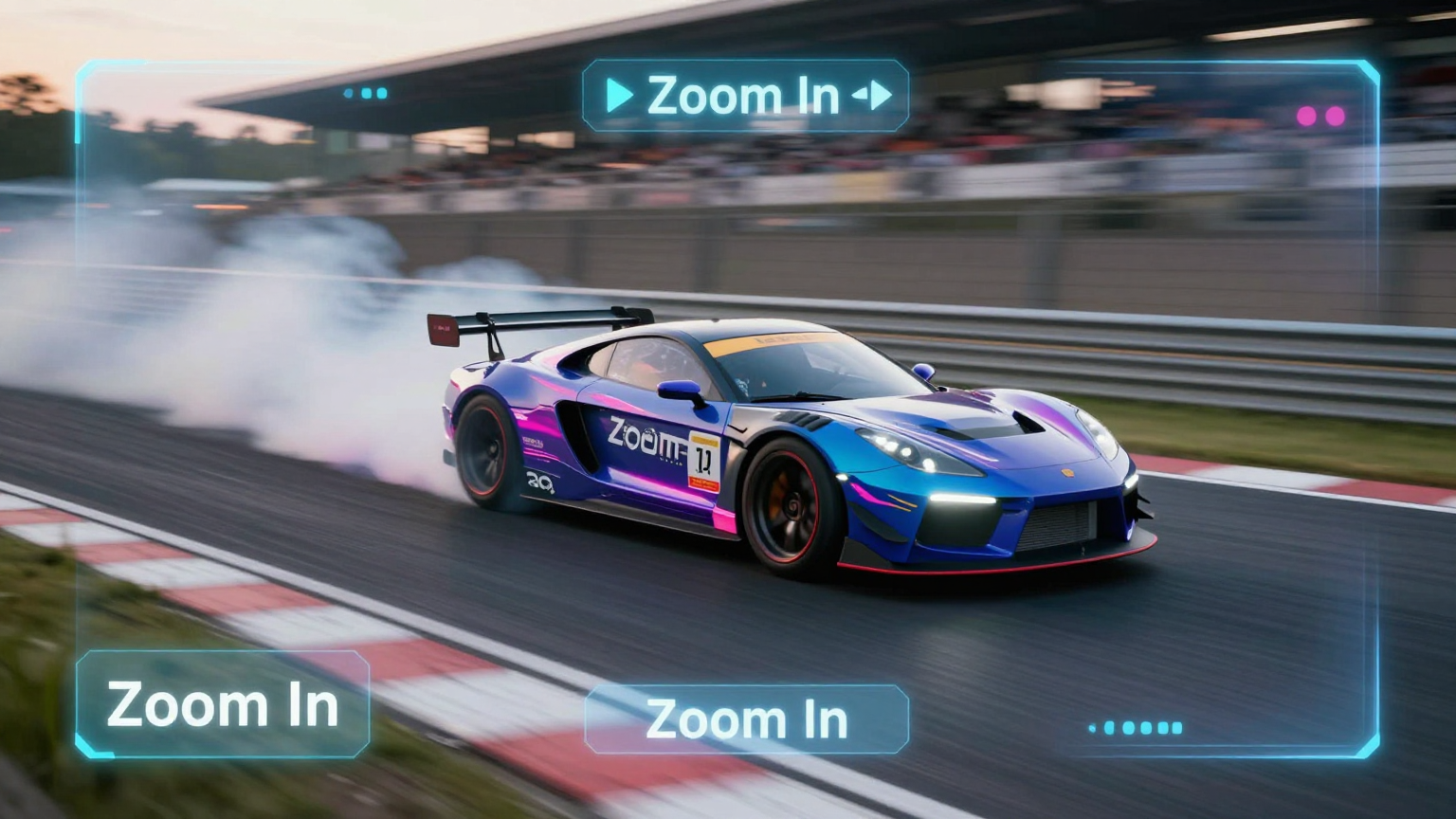 Dynamic film shot of a race car drifting with camera frame markers overlay, representing AI director camera control