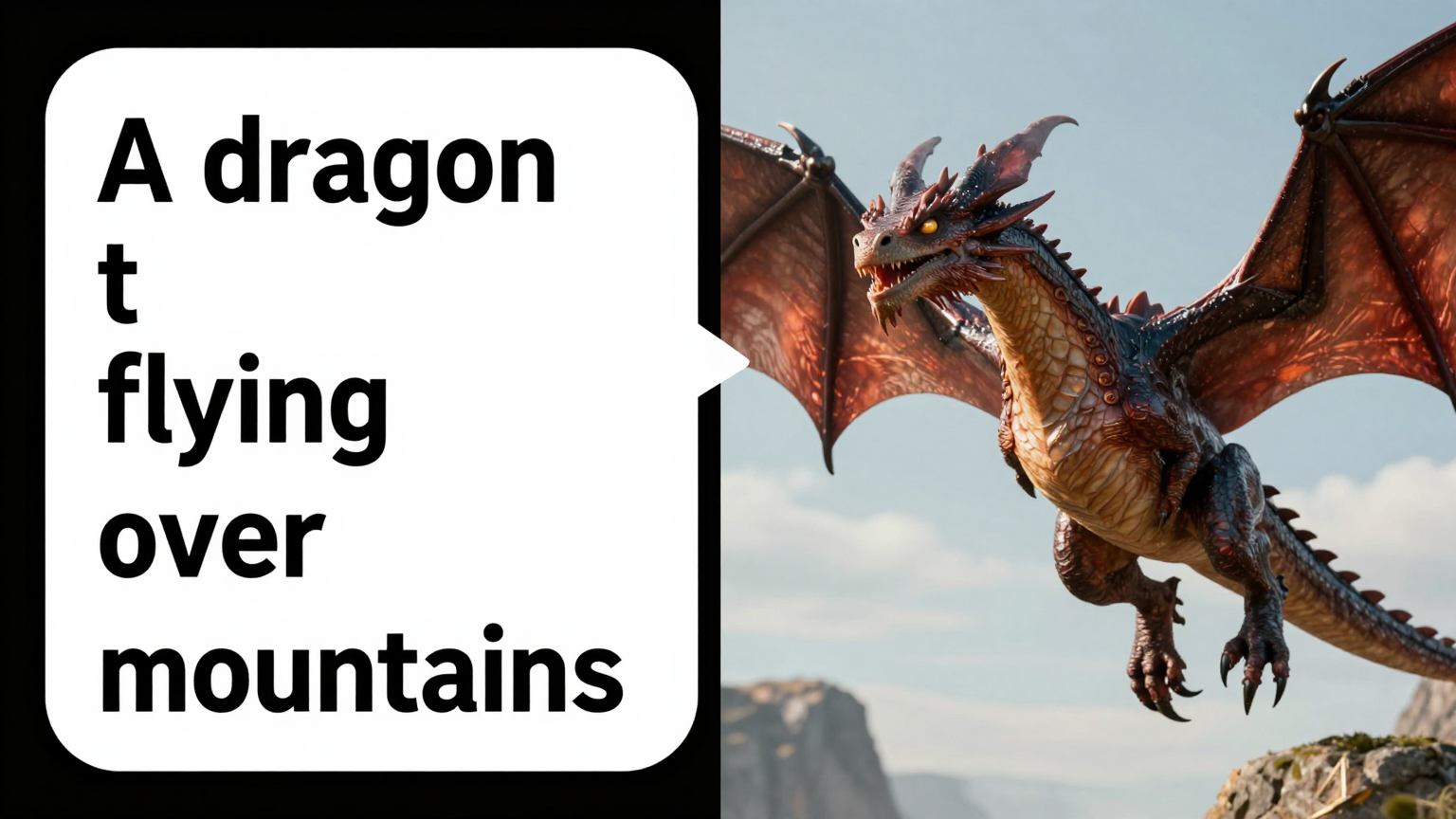 Split composition showing a text prompt bubble transforming into a hyper-realistic cinematic dragon video render